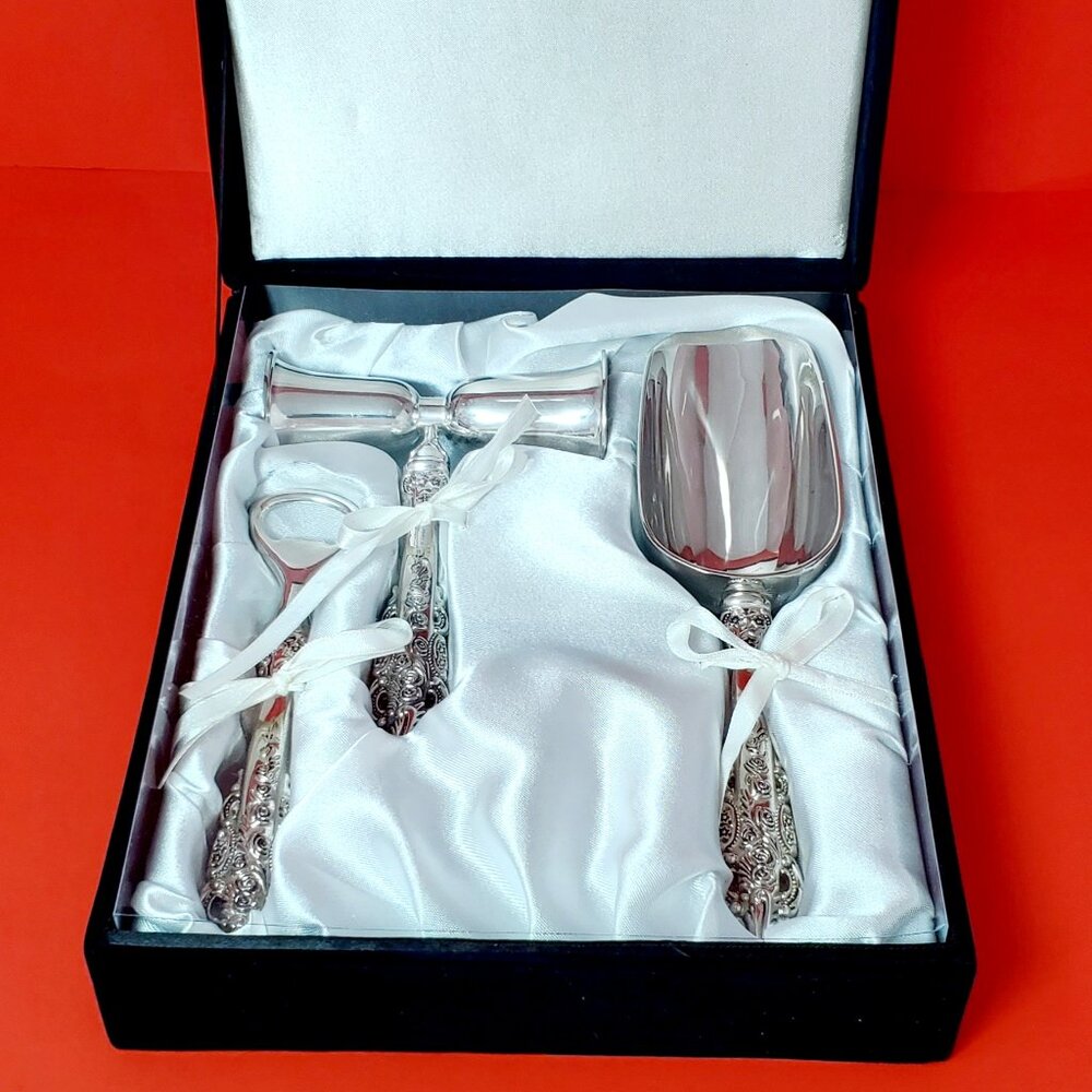 Vintage Wallace Grand Baroque Silver Plate Bar Set Polished, Looks Unused, Boxed